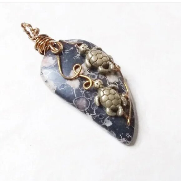 Handmade Turtle Pendant | Unique Plum Jasper Stone | Coastal Grandma |Sea Turtle - Picture 13 of 13
